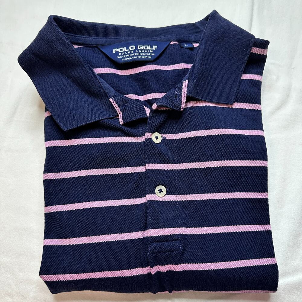 RLX Ralph Lauren Golf Polo Men’s Large Striped Pink Blue Moisture Wicking